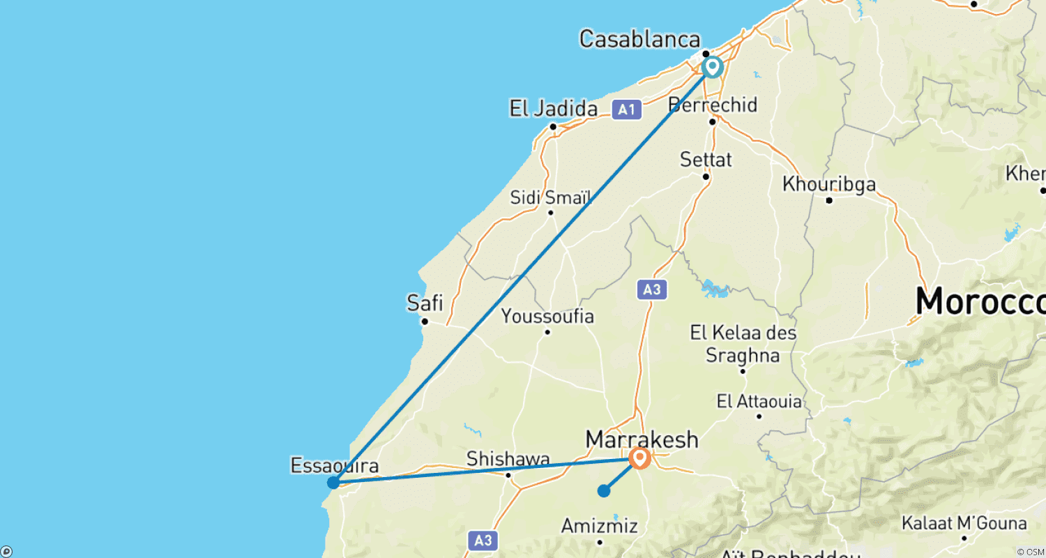 Mapa do percurso de Aventura em Família em Marrocos: Explorando Cidades, Delícias Costeiras e Maravilhas do Deserto