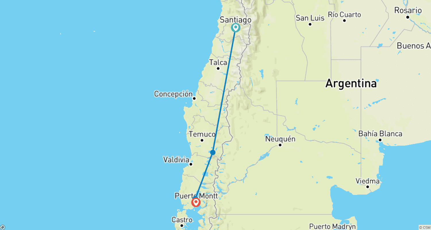 Mapa do percurso de Santiago do Chile e Região dos Lagos (10 Dias)