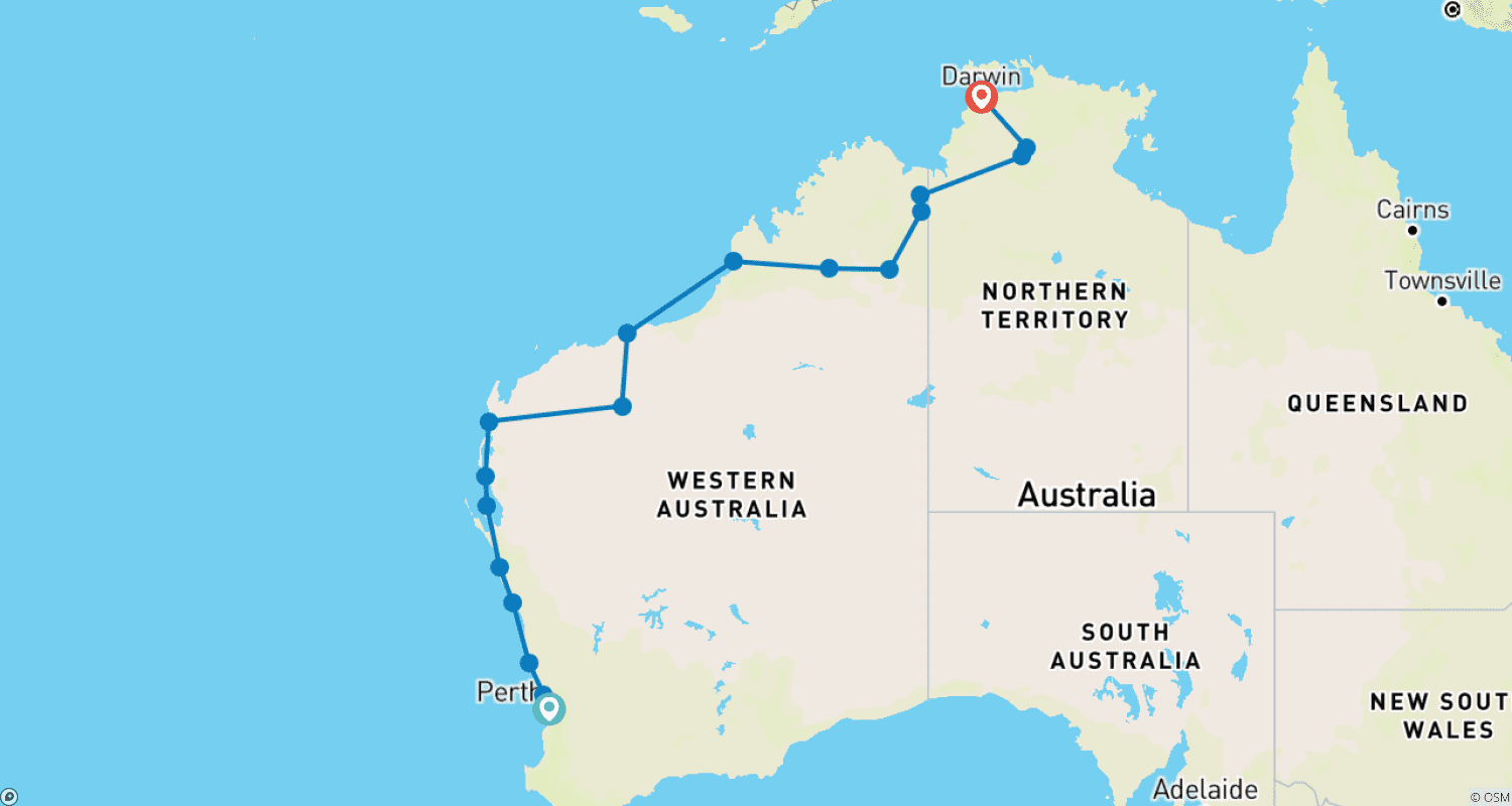 Mapa do percurso de Entre Perth e Darwin