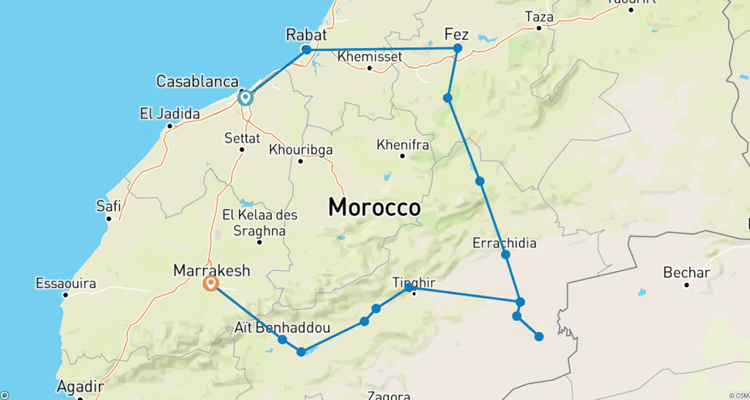 خريطة مسار جولة المغرب لمدة 8 أيام من الدار البيضاء