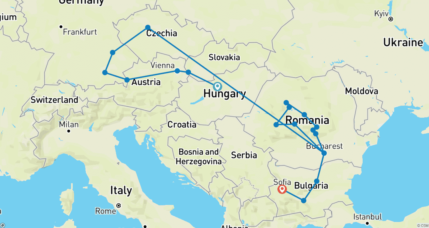 Mapa do percurso de Incrível Europa Central e Oriental (Hotéis 4 Estrelas)