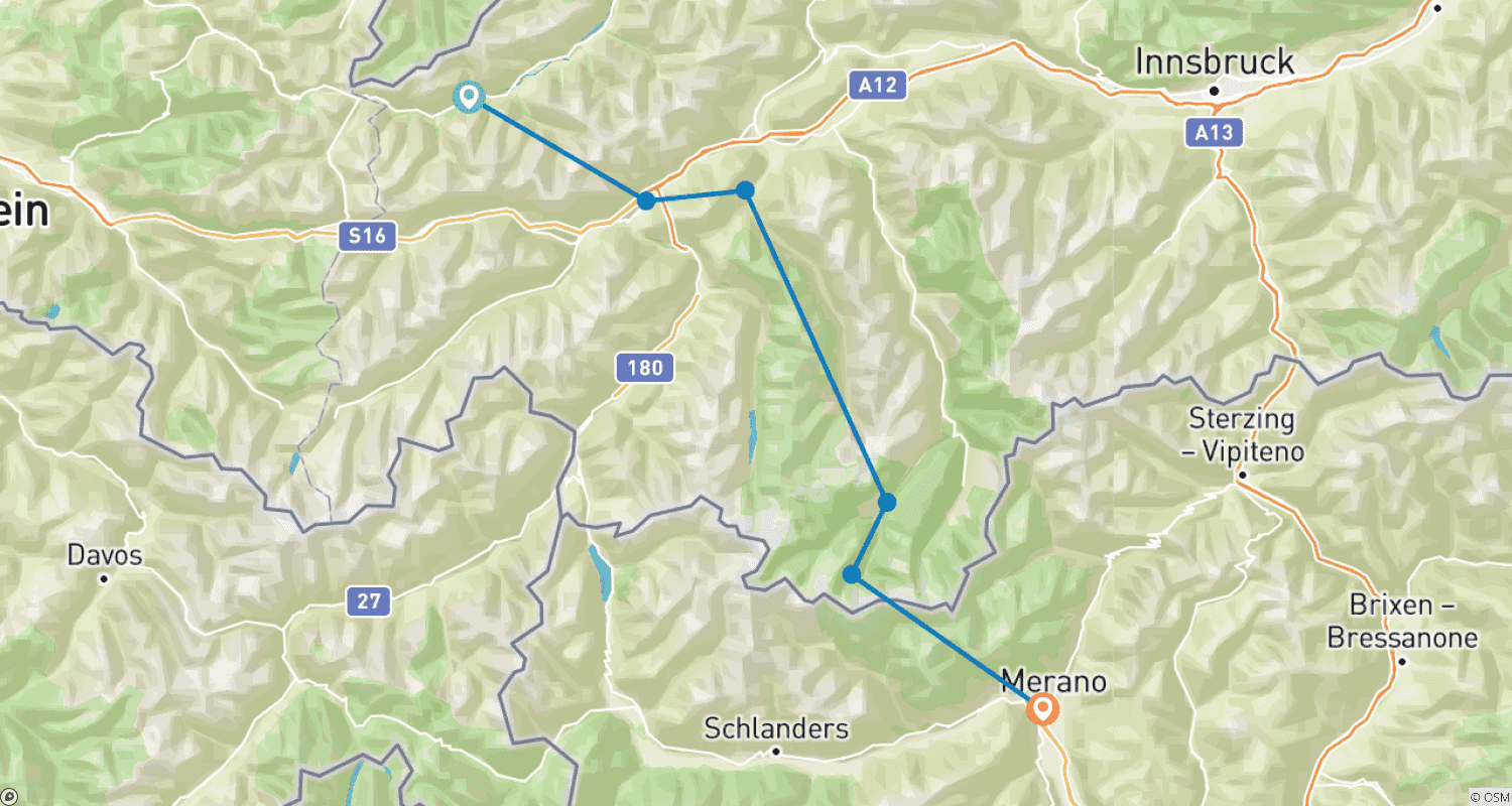 Mapa do percurso de Travessia individual dos Alpes na E5 de Oberstdorf a Merano