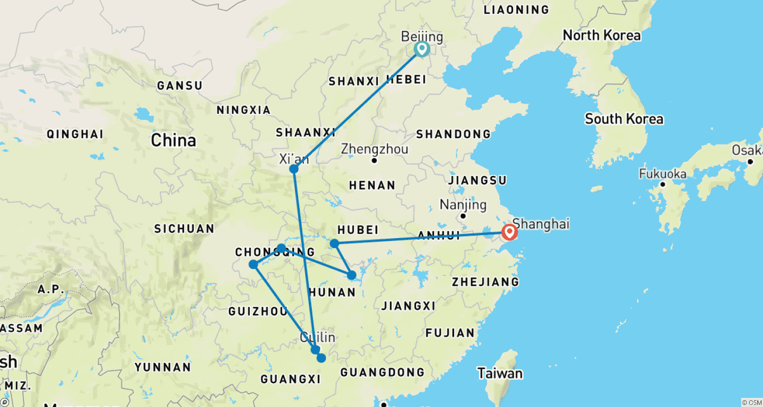 Mapa trasy: Najlepsza wycieczka po Chinach: Od Wielkiego Muru po Jangcy, 13 dni