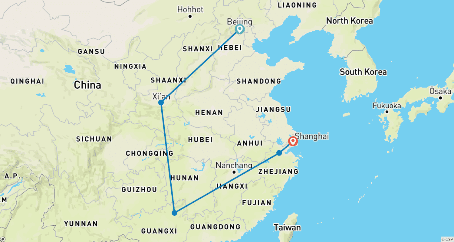 خريطة مسار 13 Days Odyssey of China Tour