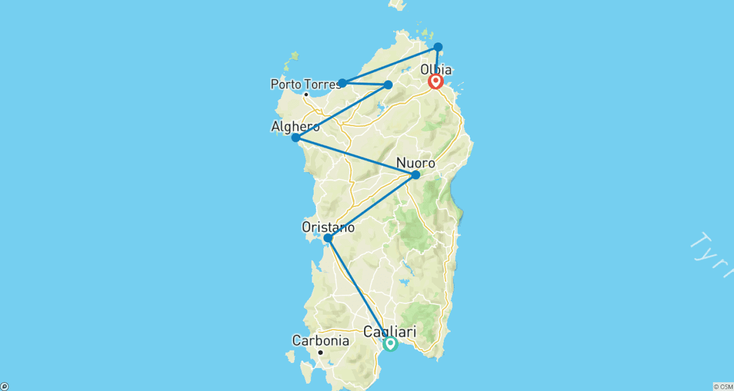 Mapa do percurso de Melhor Viagem pela Sardenha - 7 Dias