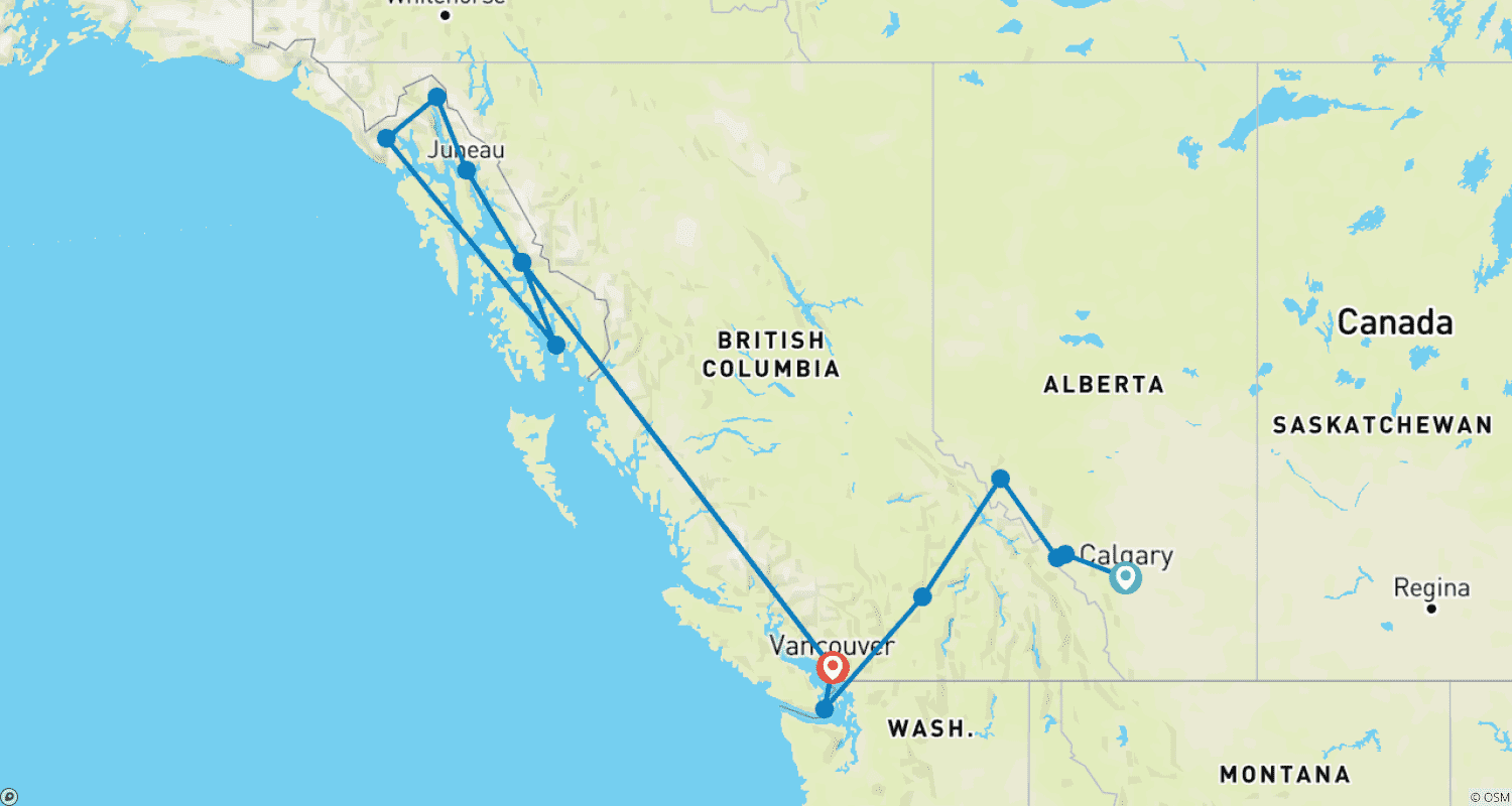 Mapa do percurso de Coração das Montanhas Rochosas Canadenses Com Cruzeiro e Calgary Stampede 2024
