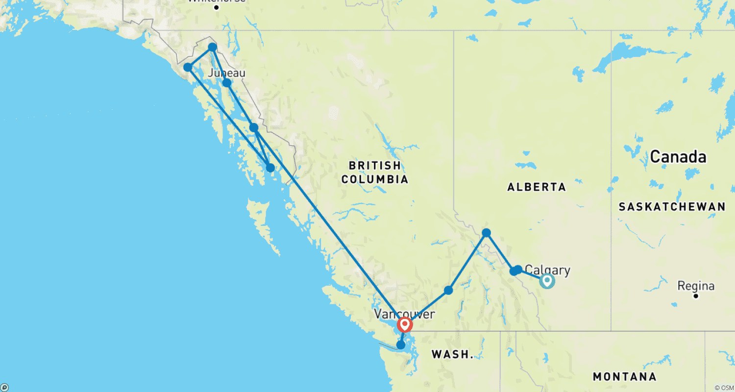 Mapa do percurso de Oeste do Canadá de Comboio com Cruzeiro no Alasca 2024