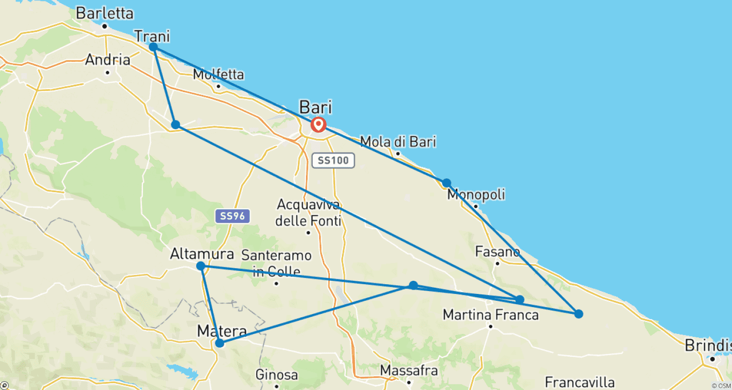 Mapa do percurso de Viagem de bicicleta guiada na Apúlia