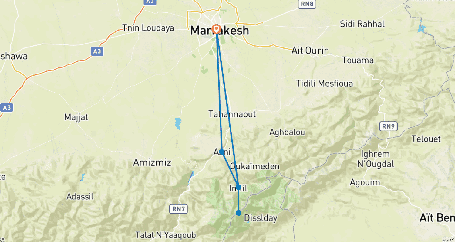 Mapa do percurso de 3-day trek to Mount Toubkal from Marrakech