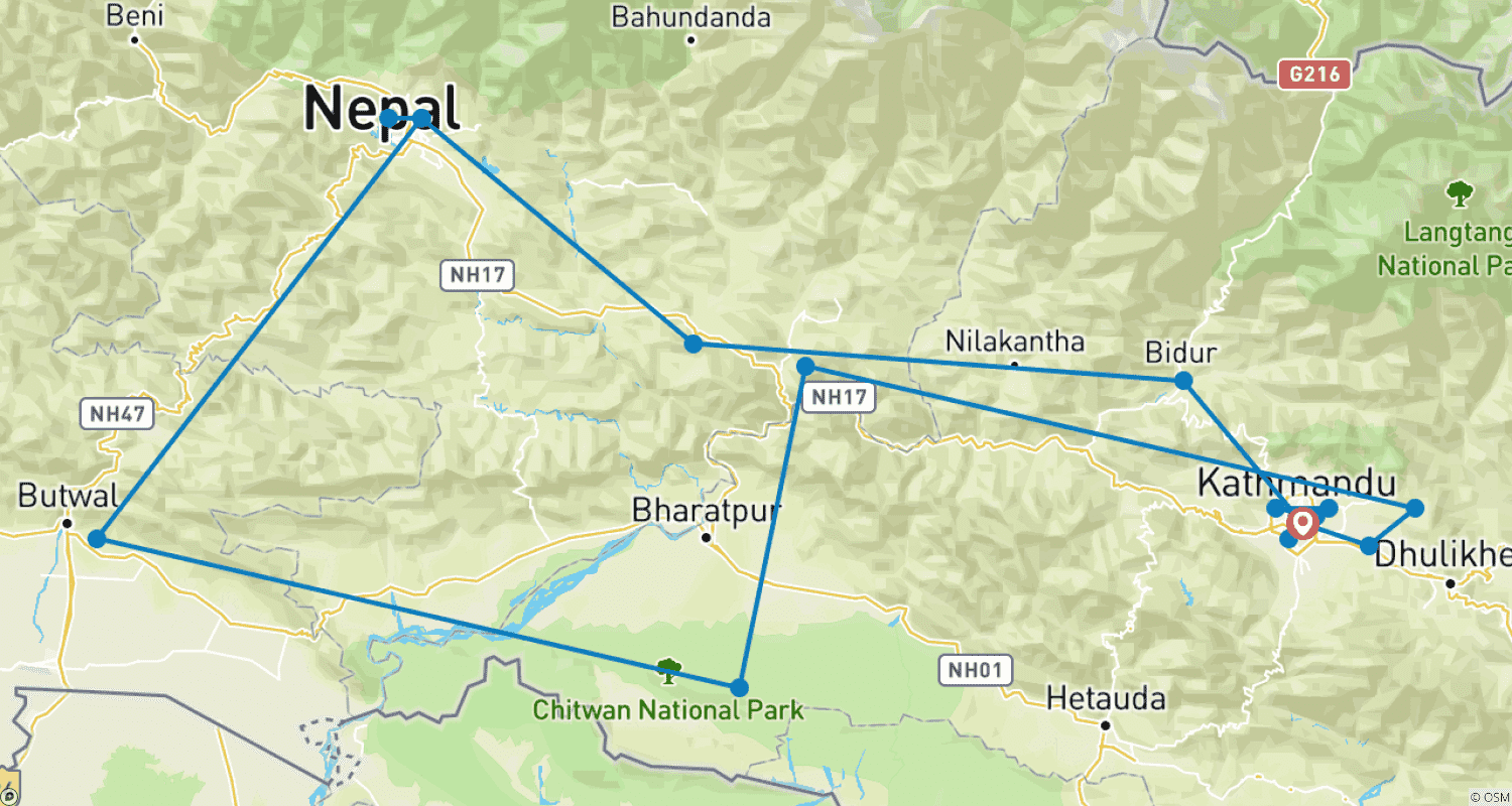 Mapa do percurso de Escapada no Nepal: Cultura e Natureza Selvagem
