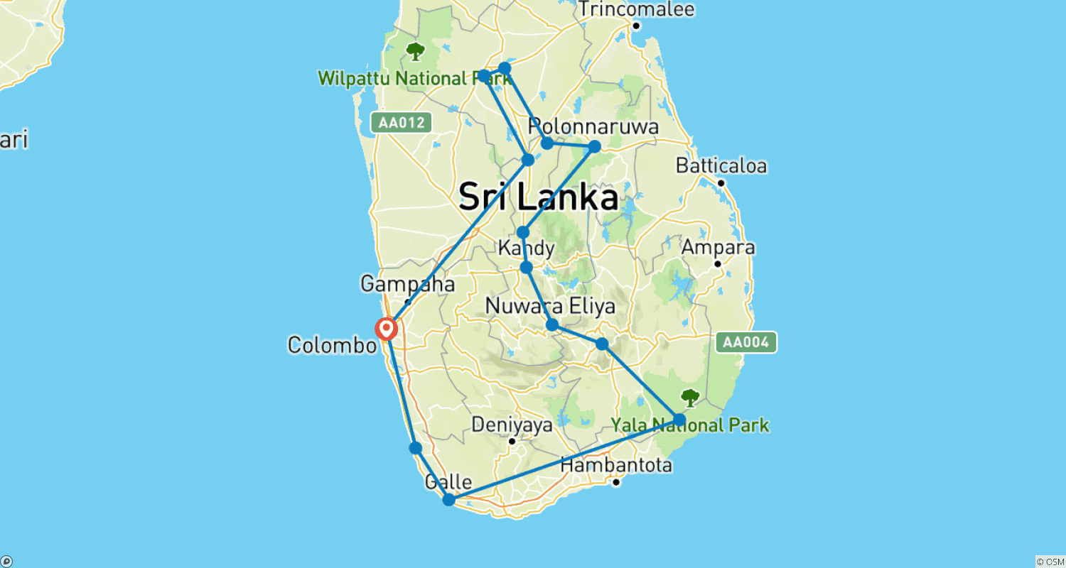 Sri Lanka Adventure Tourのルートマップ