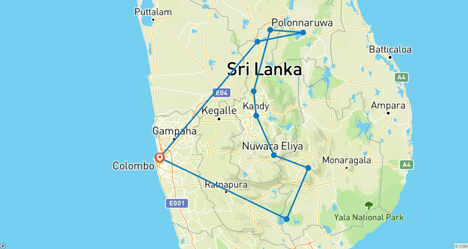 スリランカ イントロツアーのルートマップ