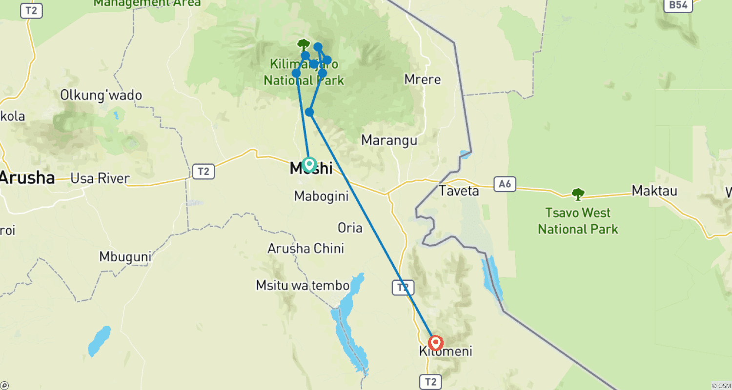 Mapa do percurso de Monte Kilimanjaro - Rota Umbwe: Caminhada de 5 Dias