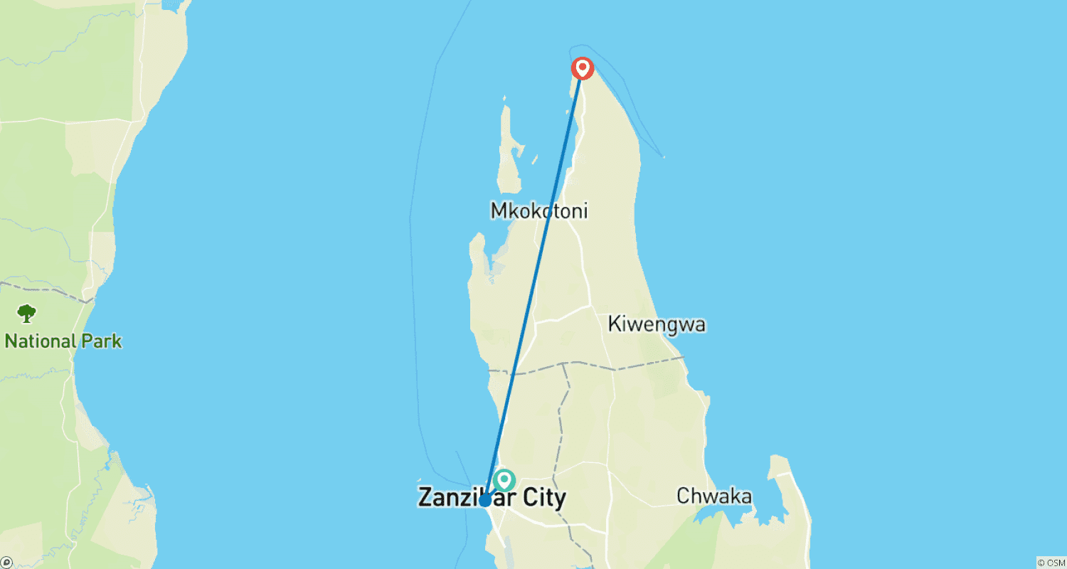 Mapa do percurso de 6 Dias na Ilha de Zanzibar