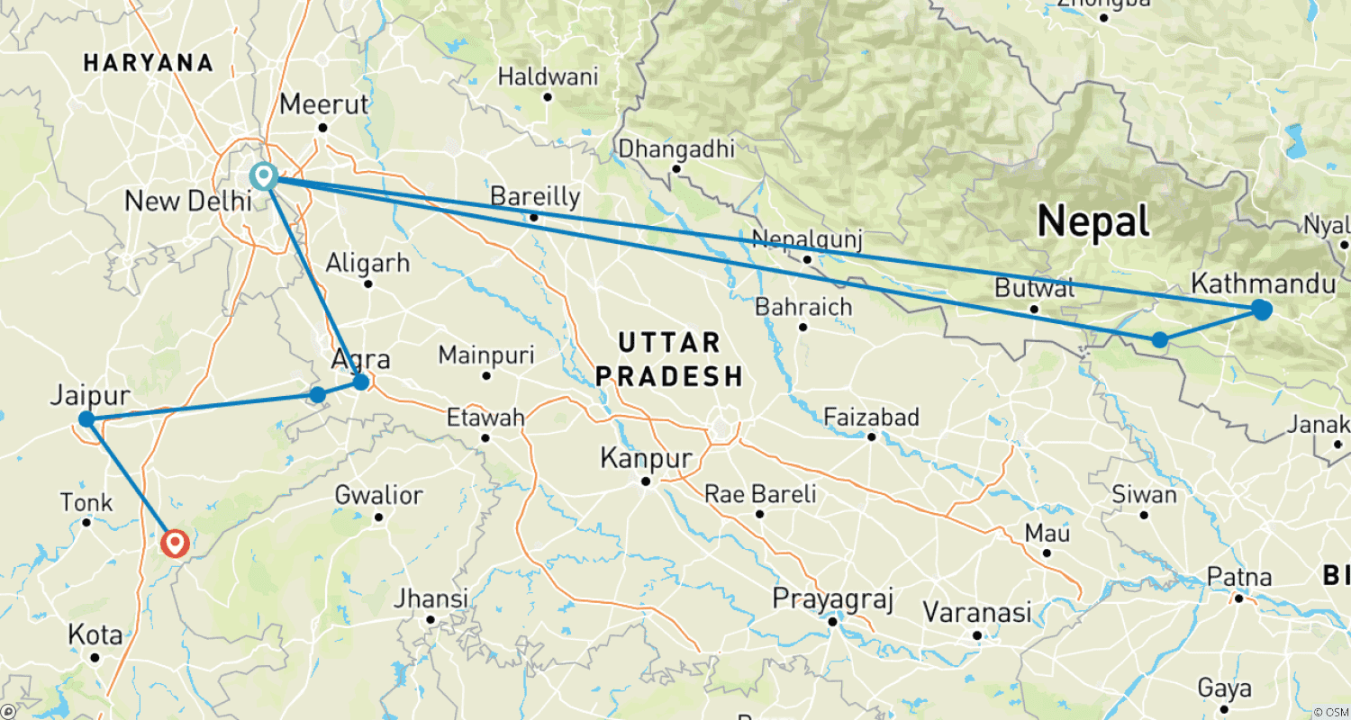 خريطة مسار 12 Days Chitwan National Wildlife Safari Tour with Tajmahal All Inclusive