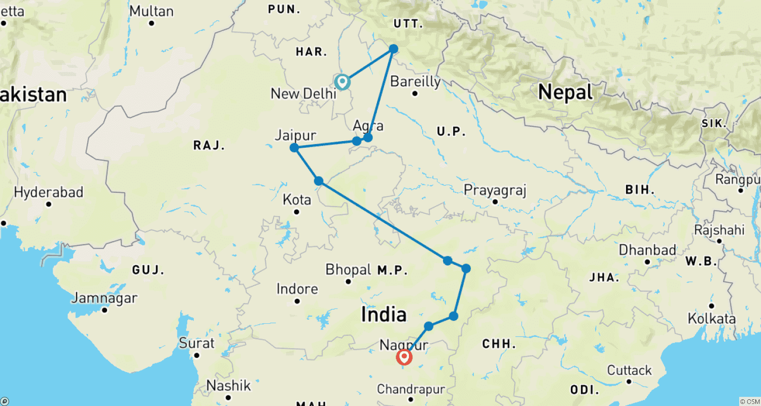 Mapa do percurso de India Wildlife Adventure Tours