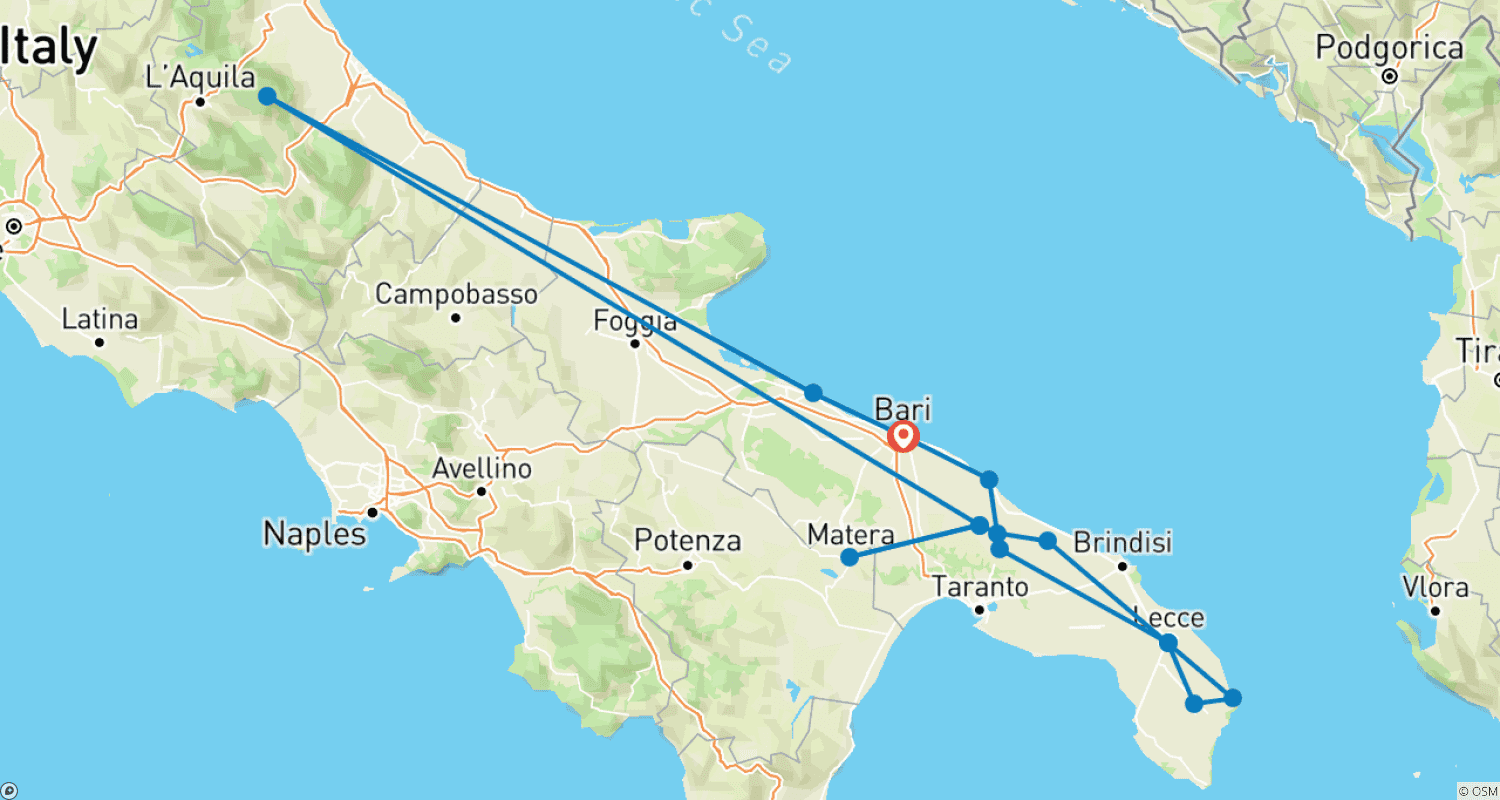 Mapa trasy: Najważniejsze atrakcje Apulii - 8 dni