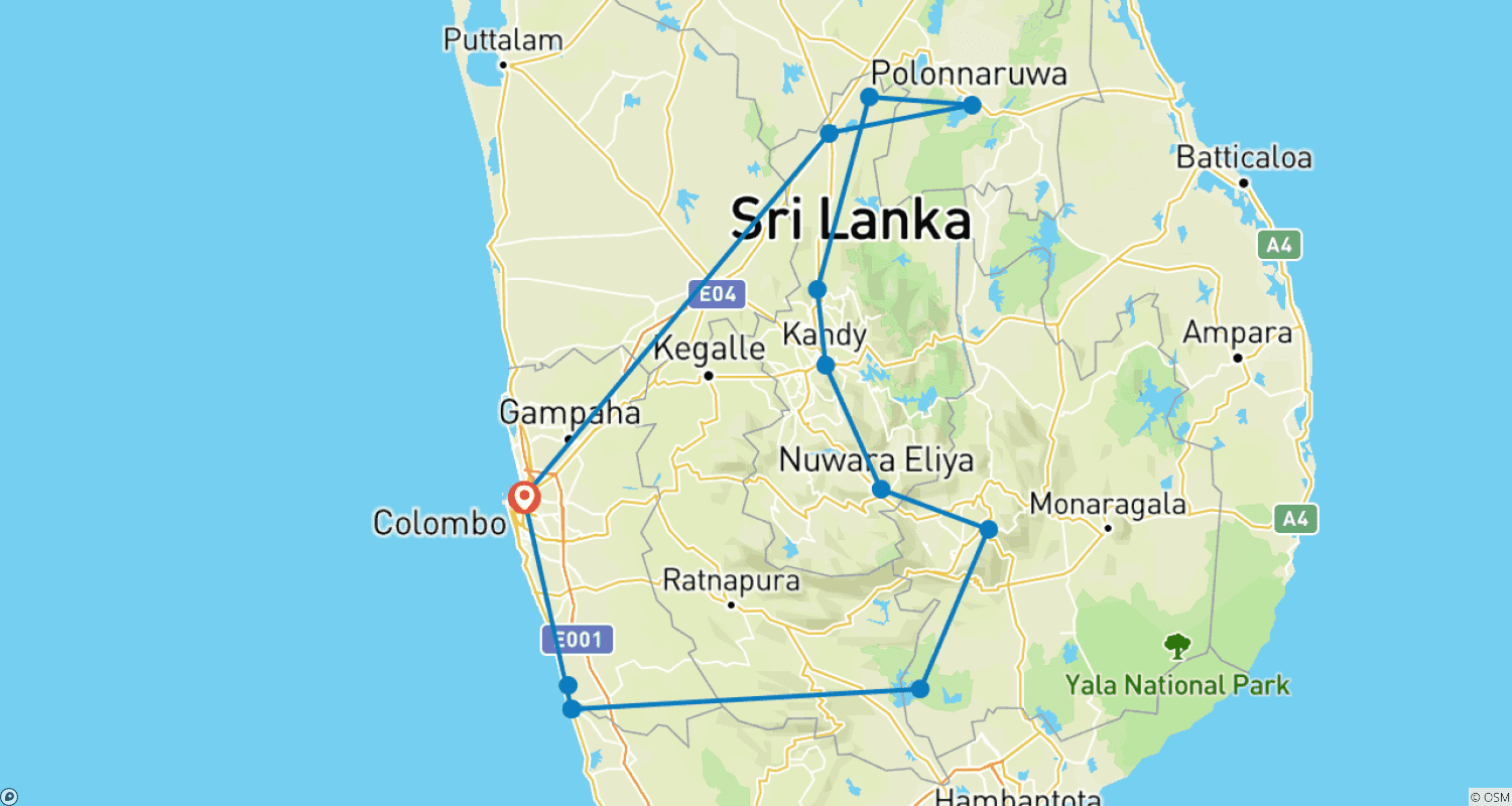Mapa do percurso de Sri Lanka Luxury Escapes