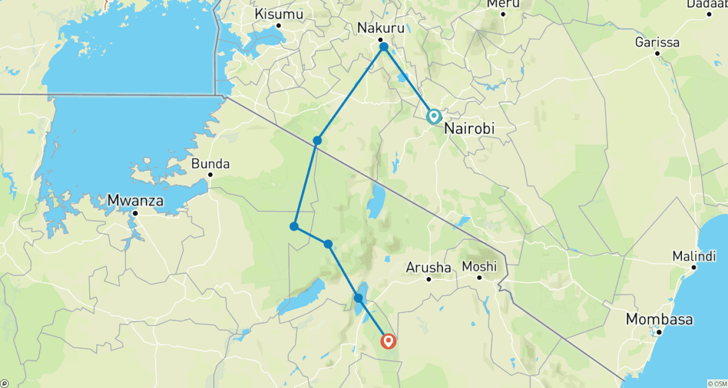 Mapa do percurso de Inesquecíveis 10 Dias de Safari no Quênia e na Tanzânia.