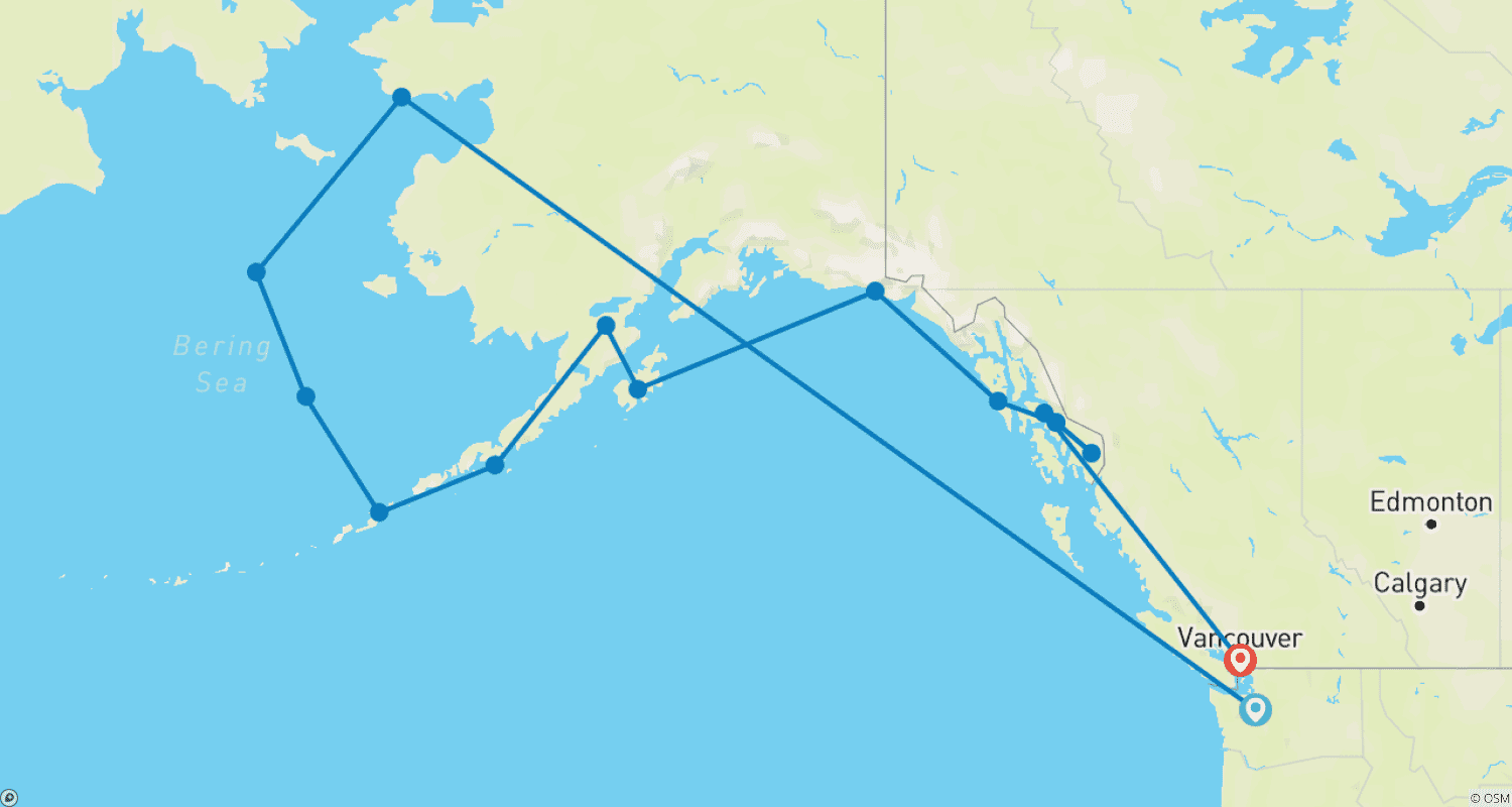 アラスカとブリティッシュコロンビア - Inside Passage、クマ、アリューシャン列島(南行き)(MS Roald Amundsen)のルートマップ