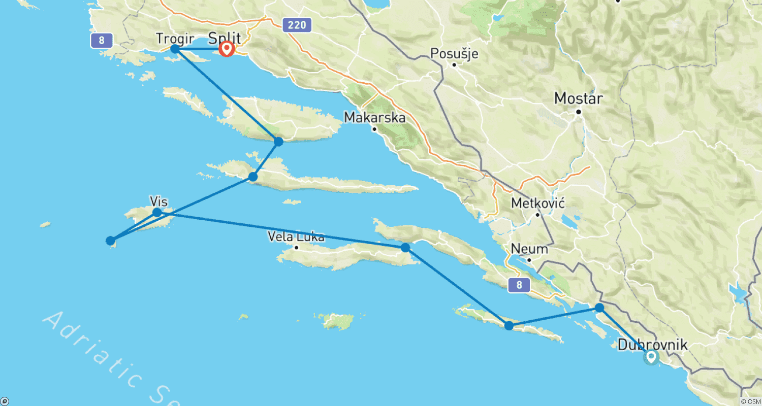 Mapa trasy: Dubrownik - Split, M/S Mama Marija 2025