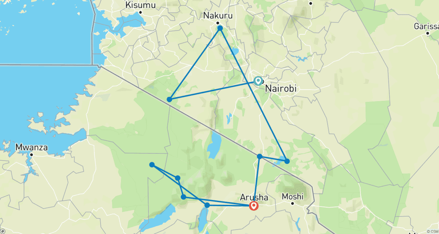 Mapa trasy: Najlepsze i najbardziej przystępne cenowo 9-dniowe prywatne safari budżetowe po Kenii i Tanzanii, zaczynające się z Nairobi