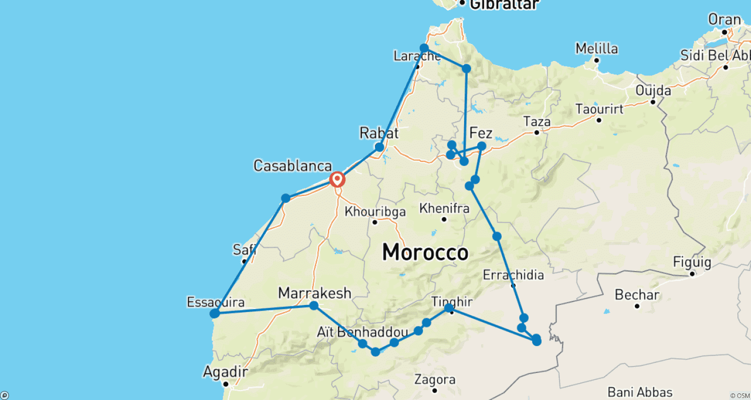 Mapa trasy: 14 dni – Autentyczna wycieczka po Maroku