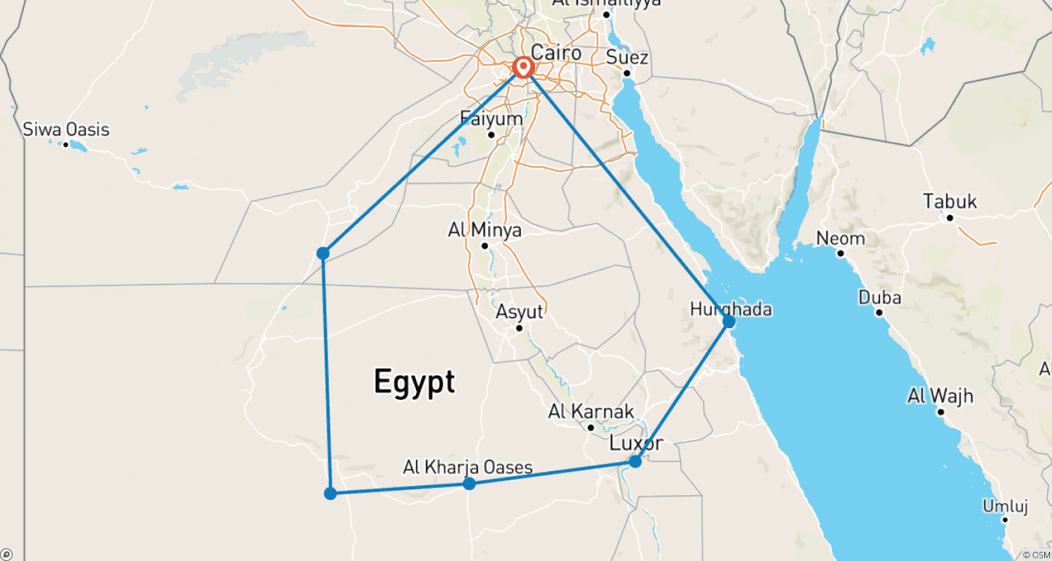 14 Days Egypt Adventure & Hurghada Tourのルートマップ