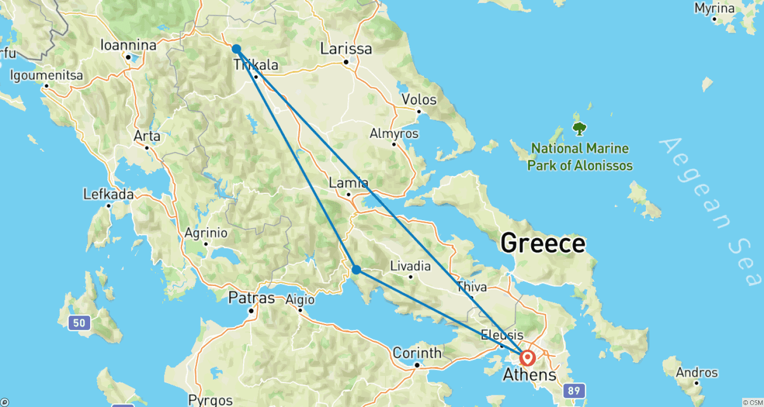 Mapa do percurso de Delfos, Meteora, Acrópole e Degustação Gastronômica em Tour Privado de 3 Dias
