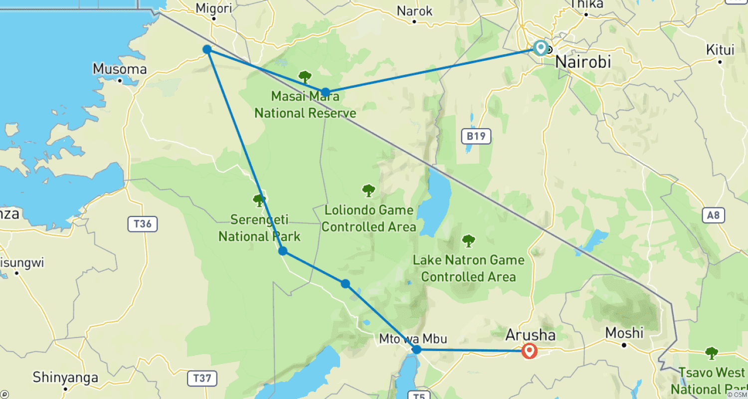 Mapa trasy: Odkryj nasze światowej klasy 8-dniowe safari w Kenii i Tanzanii: Rozpoczynające się w Nairobi w Kenii, a kończące w Arushy w Tanzanii