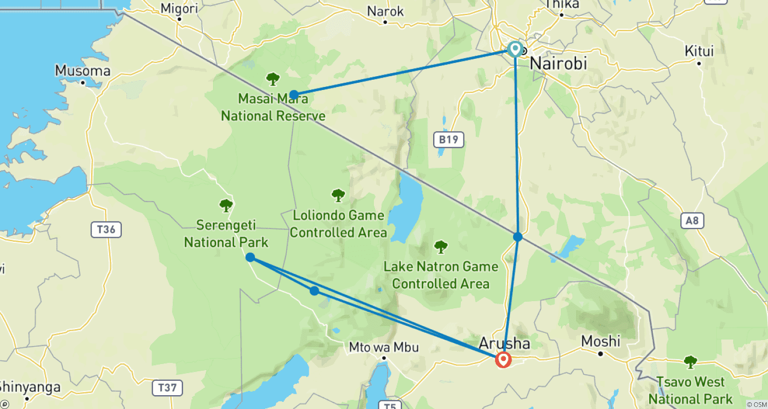 Mapa do percurso de Discover the World’s Top Best 7-Day Private Safari in Kenya & Tanzania from Nairobi (2025–2026): 1-Week Kenya–Tanzania Combo Safari