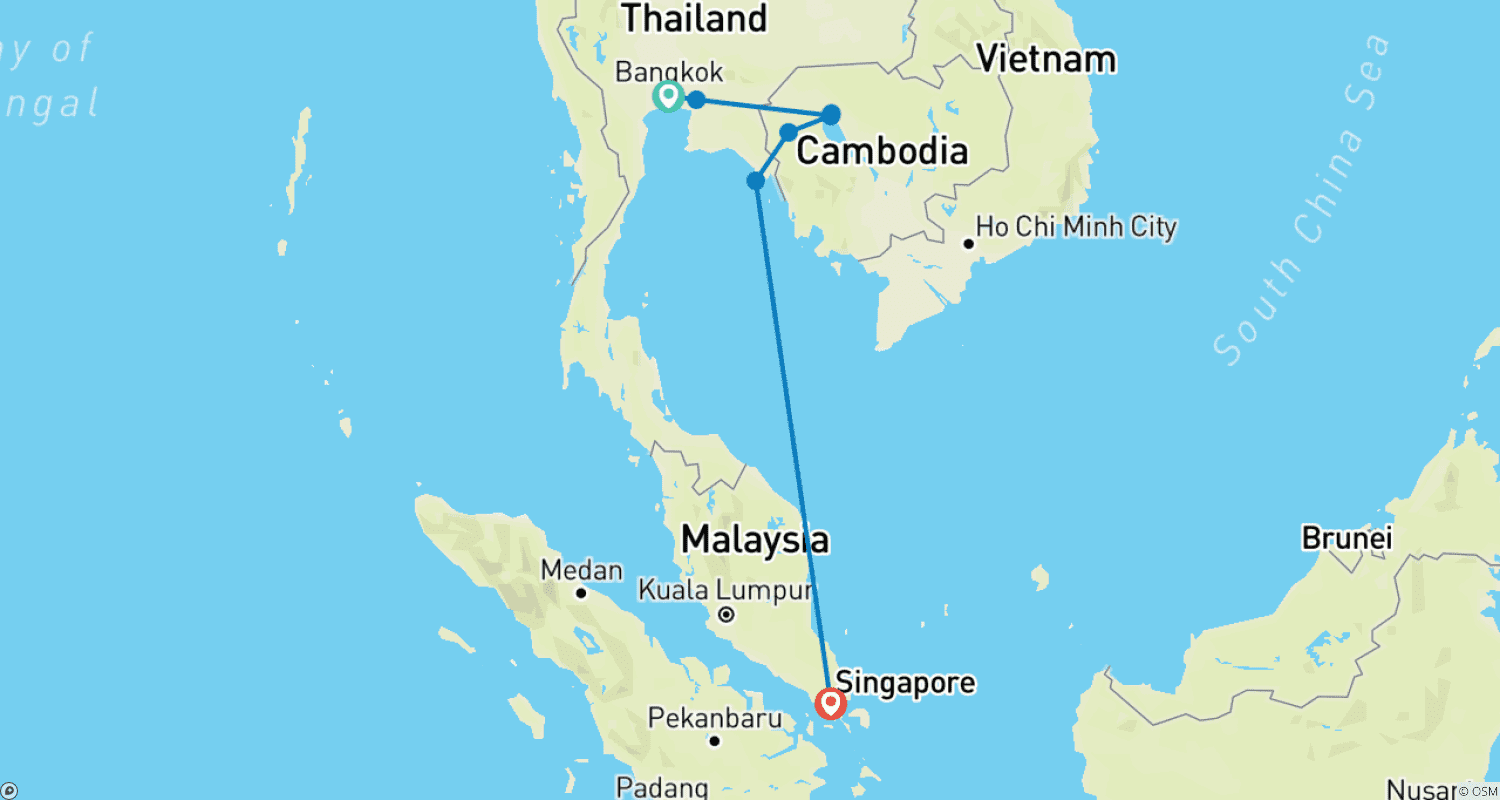 Mapa do percurso de Aventura na Ásia: Tailândia, Camboja e Singapura (incluindo Battambang)