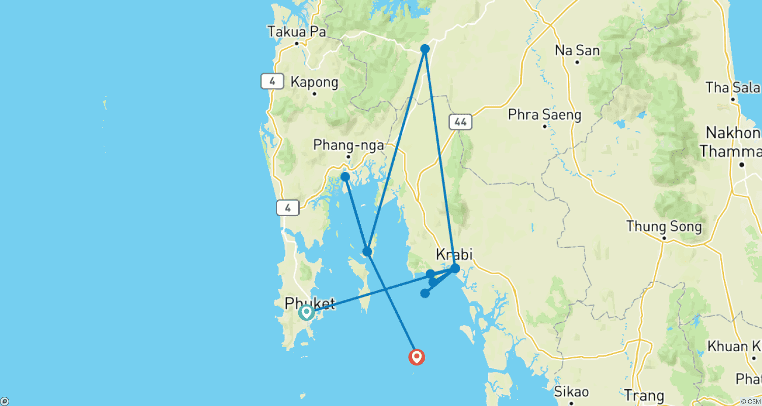 Mapa do percurso de Aventura entre Ilhas na Tailândia: A Selva Encontra a Praia (8 destinos) (16 destinos)