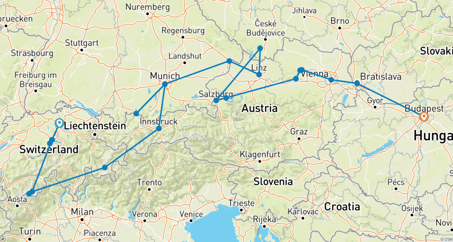 Mapa trasy: Alpejskie Odkrycia i Najważniejsze Atrakcje Dunaju Zurych → Budapeszt (2026)