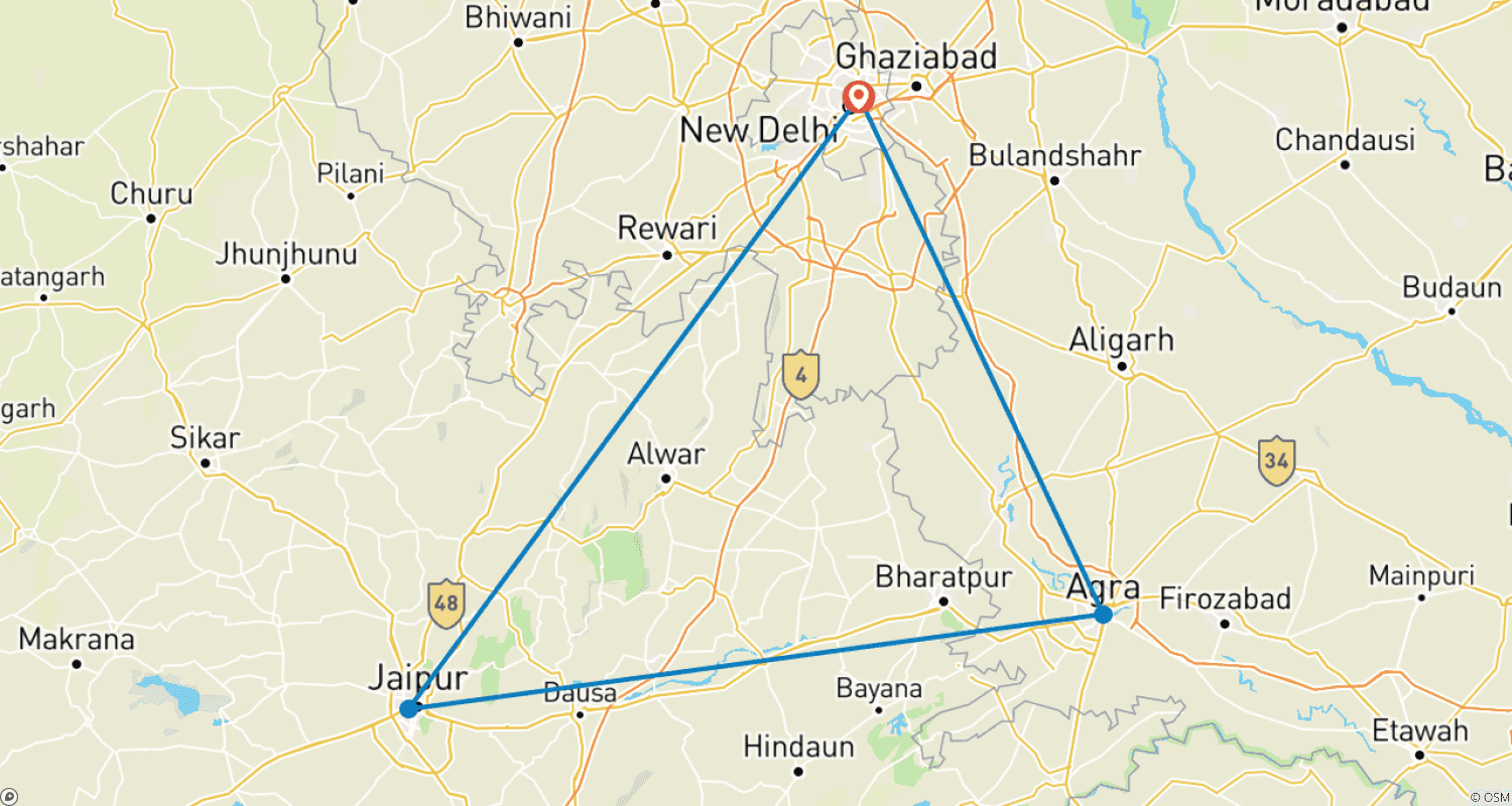 Mapa trasy: All Inclusive - 07-dniowa wycieczka po Złotym Trójkącie w Indiach ze wschodem słońca w Taj Mahal