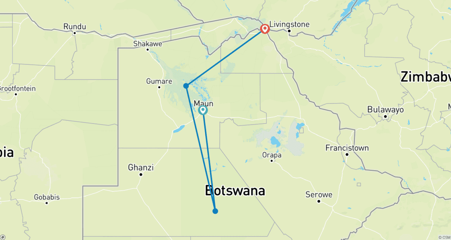 خريطة مسار Central Kalahari Game Reserve and Okavango Delta Exploration 7 Days /6Nights