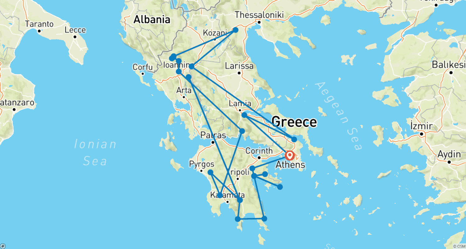 Mapa do percurso de Excursão Privada Essencial de 10 Dias: Peloponeso, Ilha de Hydra, Meteora e as Melhores Aldeias Gregas