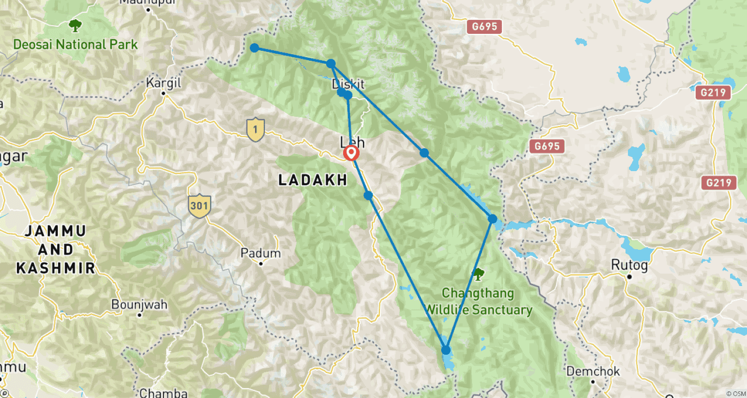 Mapa do percurso de Escorted Leh Ladakh Tour with TSO Moriri Lake