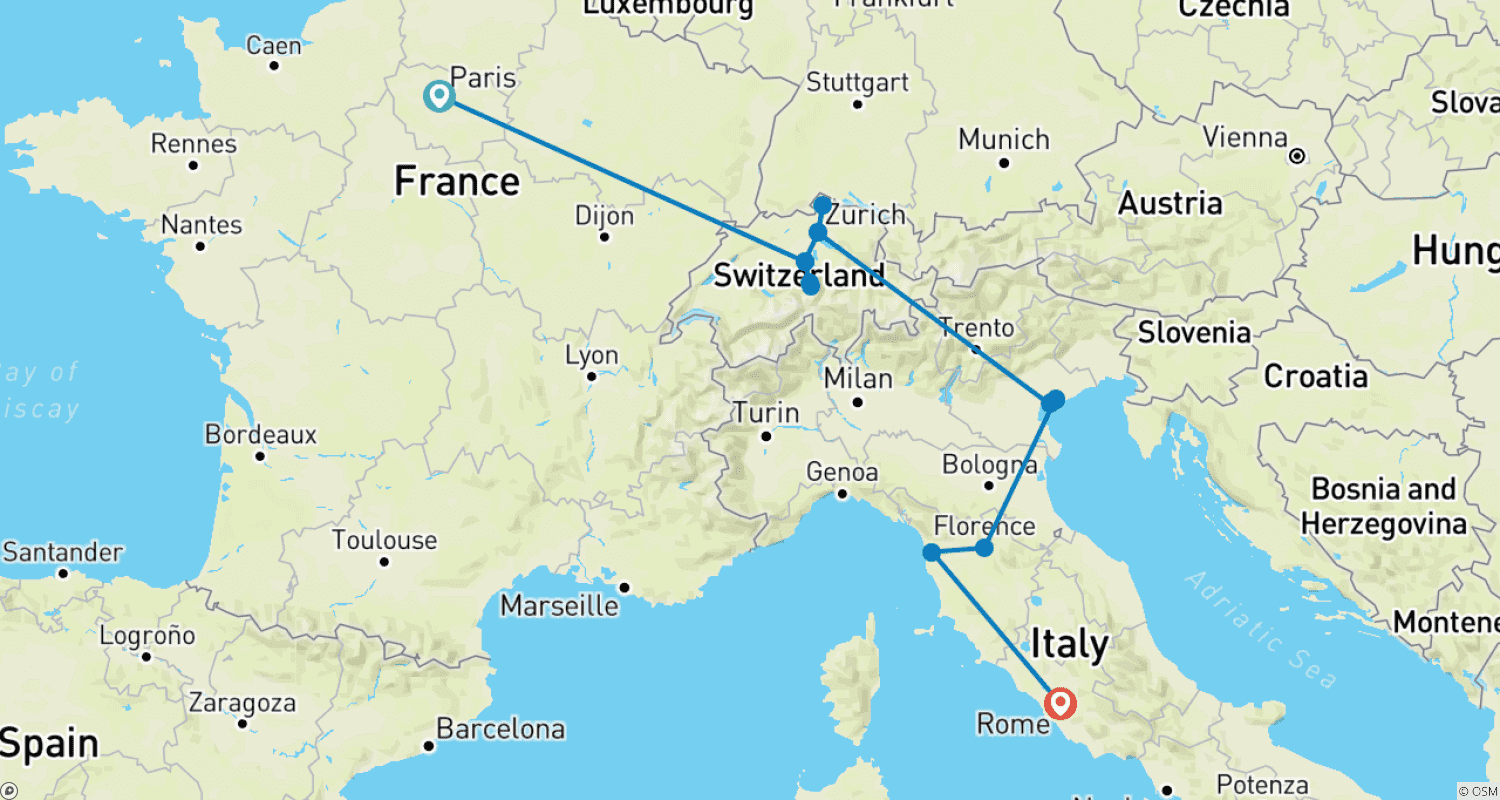 Paris, Swiss and Italy Tripのルートマップ