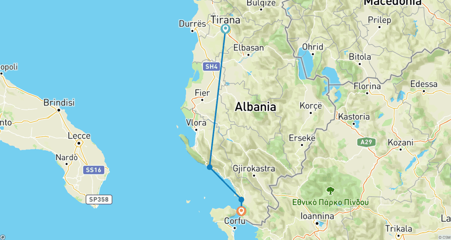 Mapa trasy: 6-dniowa w pełni prowadzona wycieczka z rejsem łodzią po Riwierze Albańskiej i 3 obiektami UNESCO