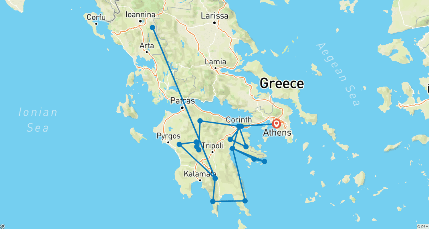 خريطة مسار 6-Day Private Tour of Mythical Peloponnese: Corinth, Mycenae, Nafplio, Hydra Island, Monemvasia, Mani, Sparta, Mystras, Olympia, Arcadia