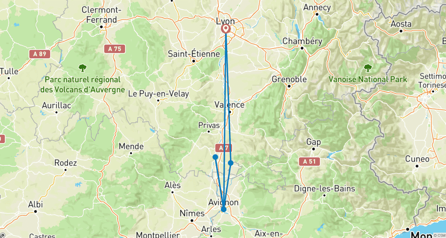 Mapa do percurso de Festival Cruise : Local History and Traditions on the Rhône River