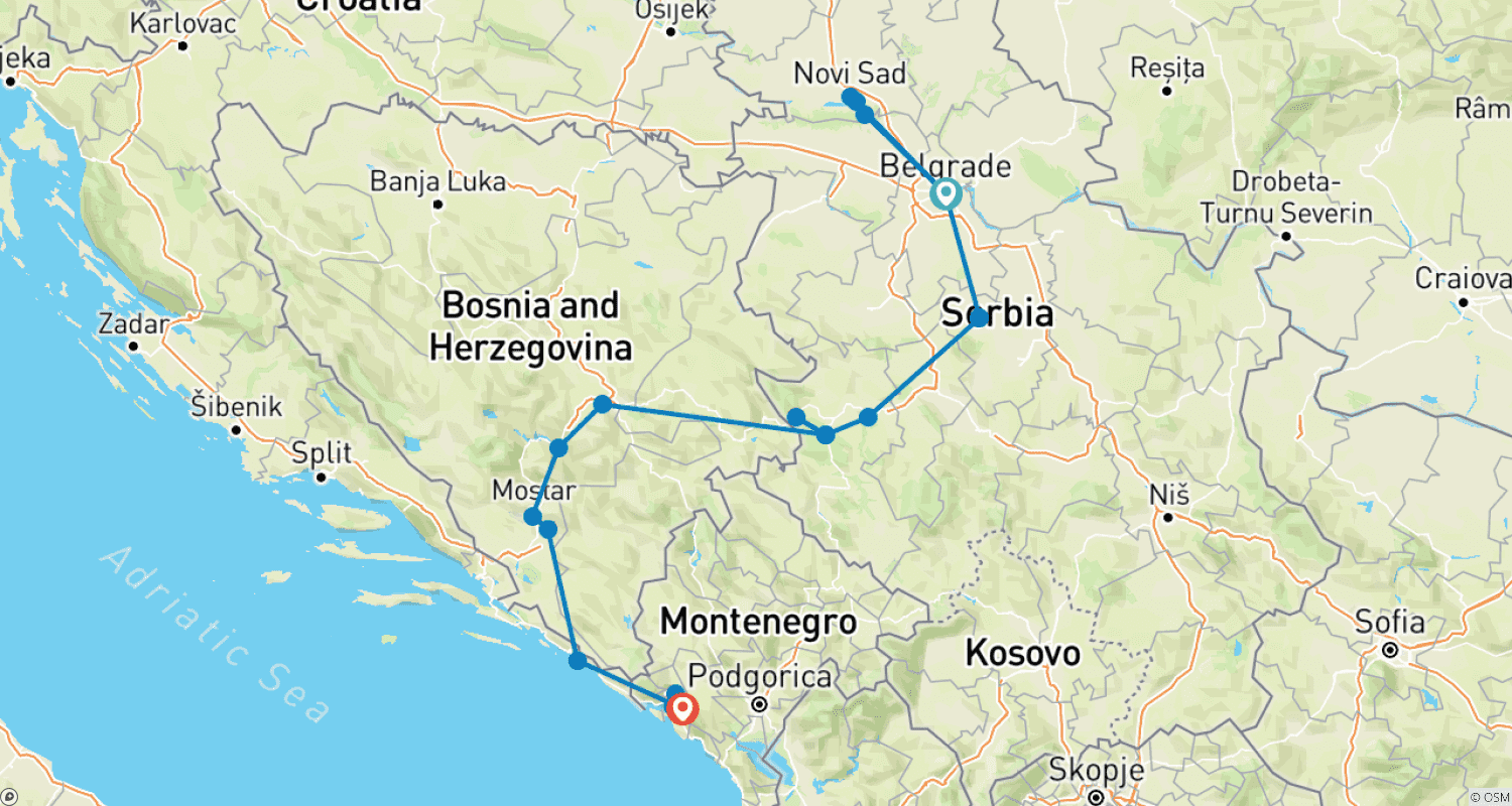Mapa do percurso de Experiência na Sérvia, Bósnia e Montenegro: 10 Dias/09 Noites