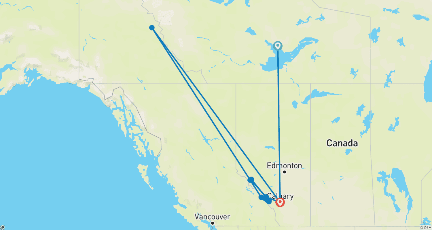 خريطة مسار جولة الخريف لمدة 8 أيام في Yellowknife لمشاهدة الشفق القطبي وجبال روكي الكندية | استكشف الشفق القطبي ومنتزهات بانف وجاسبر الوطنية