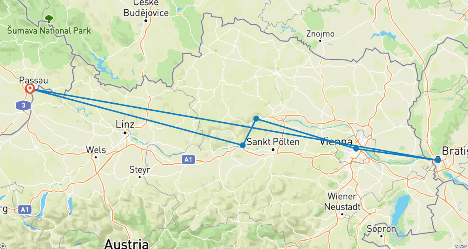 Mapa do percurso de Natal Encantador no Danúbio 2027