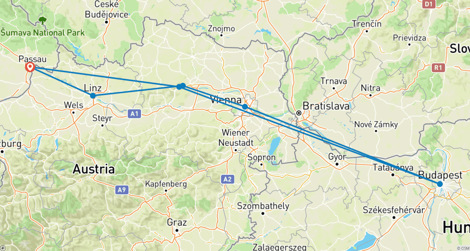 Mapa trasy: Uroczy Nowy Rok na Dunaju 2027