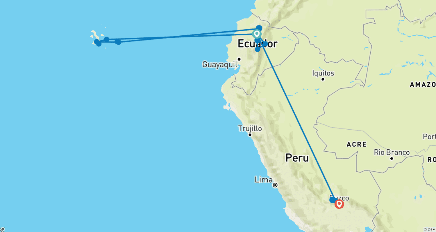 Mapa do percurso de Equador, Galápagos e Peru: Explorador