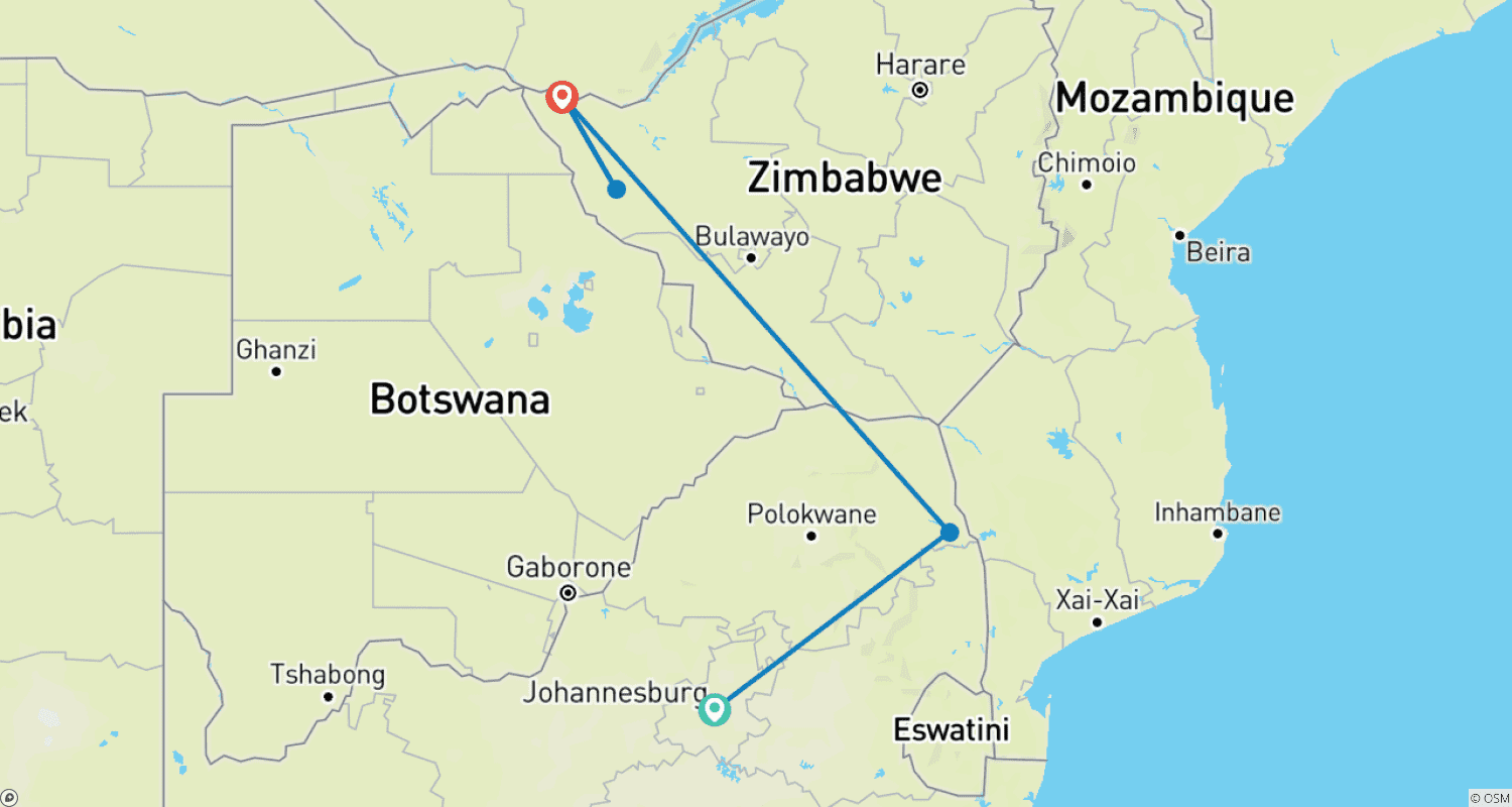 Mapa trasy: Premium Afryka Południowa (z Johannesburga do Wodospadów Wiktorii)