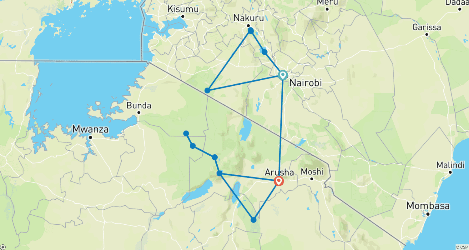 Mapa do percurso de Quénia e Tanzânia Premium (16 destinos)