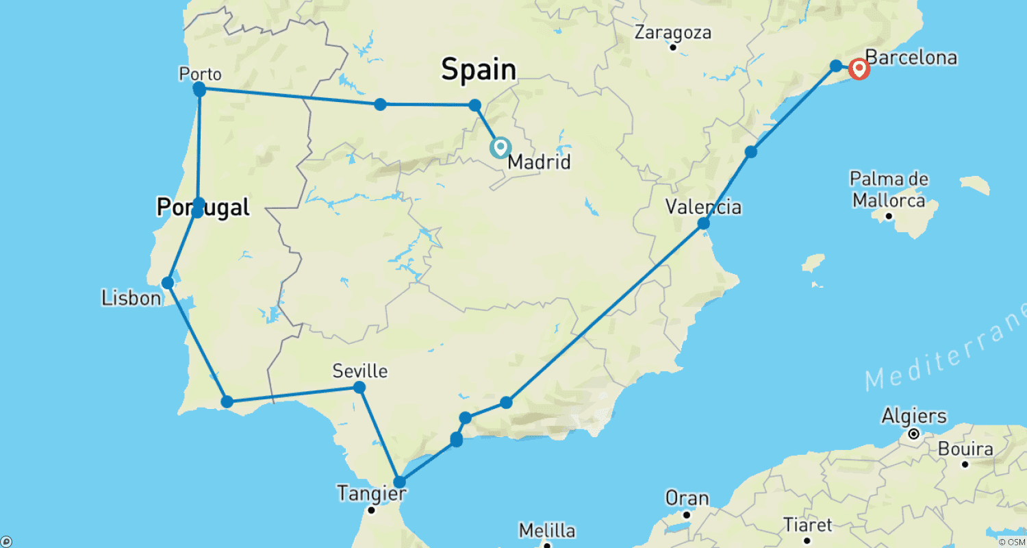Mapa do percurso de O Melhor de Espanha e Portugal (Clássico, Verão, Fim em Barcelona) (19 destinos)